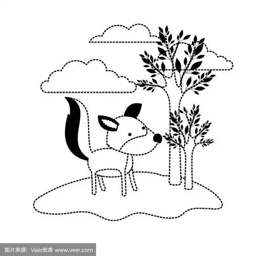 狼卡通在户外场景与树和云在黑色虚线剪影