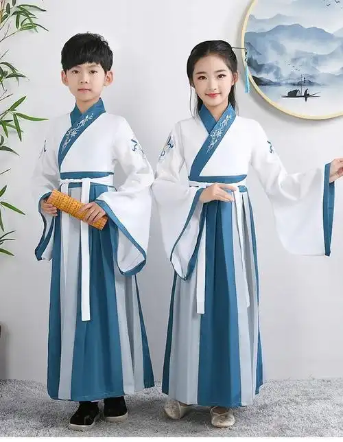 儿童古装汉服国学服女童书童中国风服装小开笔礼三字经演出服藏青如意