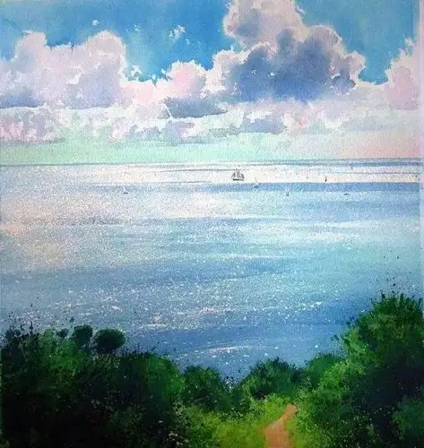 【水彩画】夏天的那片海_水粉_零二七艺考