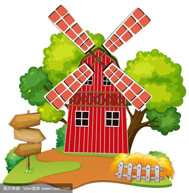 白色背景上的风车房子