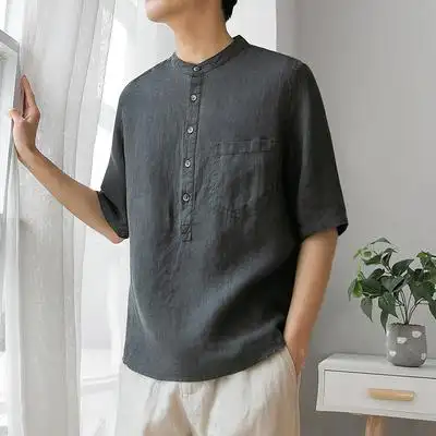 立领亚麻料短袖衬衫男装中国风休闲宽松夏季七分中袖棉麻布上衣服