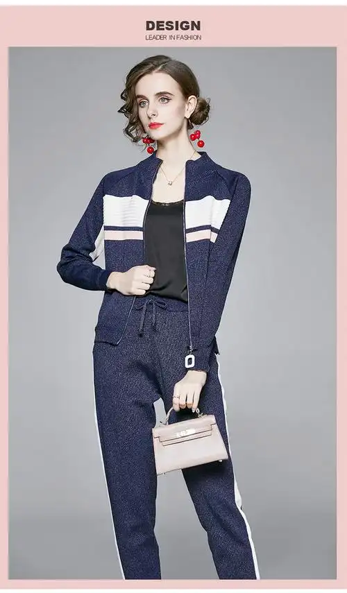 欧美女装时尚闪亮线棒球外套配裤子休闲女士服装套装