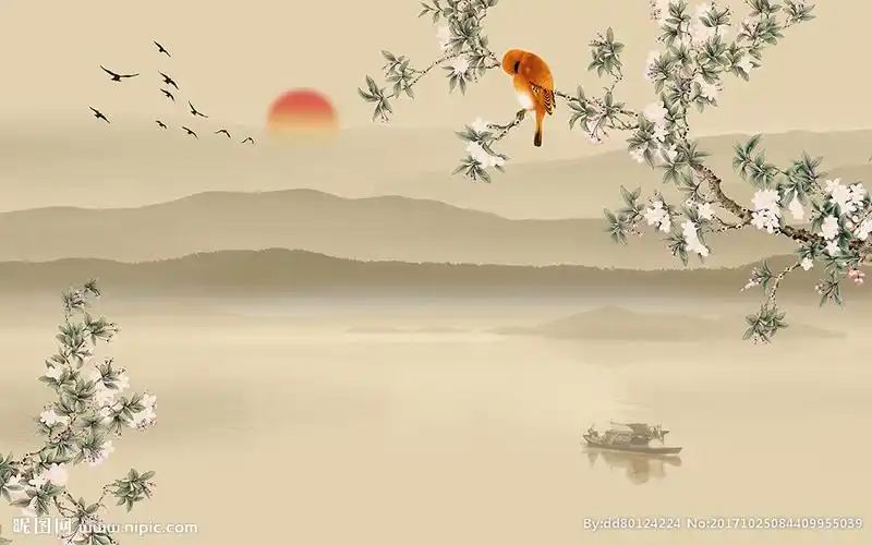 中式山水手绘梅花电视背景墙图片