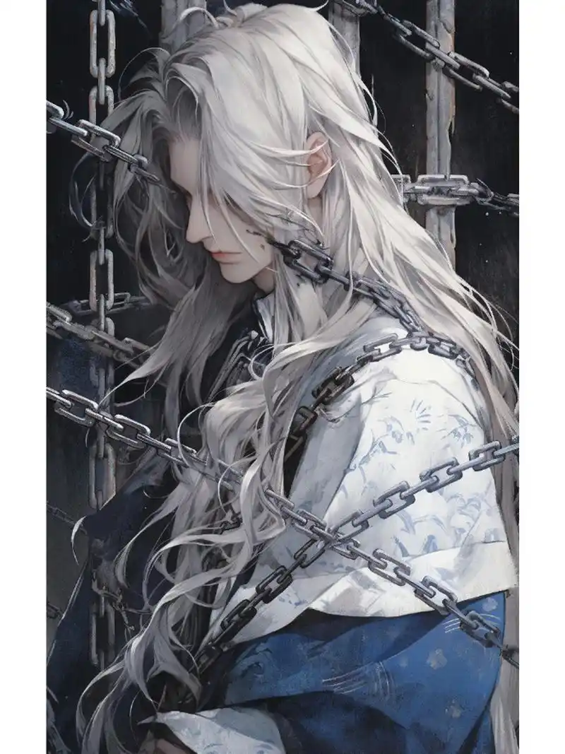 [没眼看] 被铁链锁住的古风白发美男       676767 #古风插画