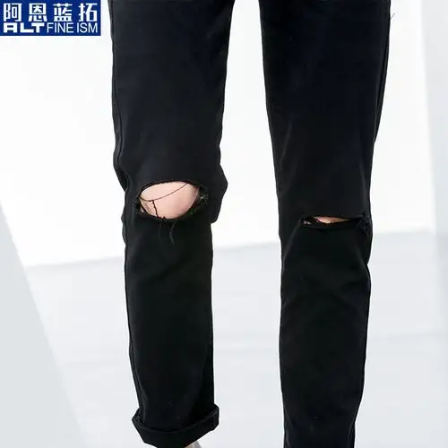 刮烂_alt膝盖破洞牛仔裤男修身小脚潮流乞丐刮烂一字九分裤黑色夏季9