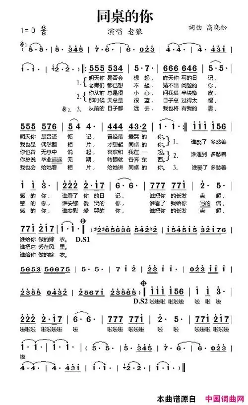老狼-同桌的你简谱-老狼演唱-高晓松词曲1