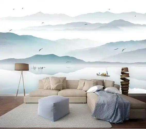 新中式意境水墨山水画背景墙壁画 家具展示背景墙3d壁纸无缝墙布
