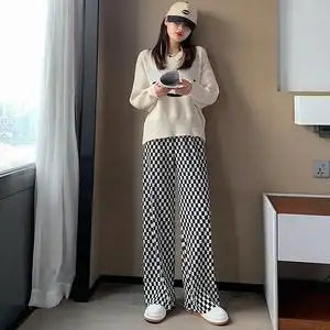 现货棋盘格裤子女春秋高腰显瘦休闲直筒裤宽松黑白格子阔腿裤图片
