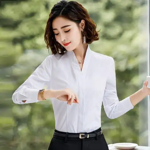 白衬衫女韩范装新款时尚职业装v领修身暗条纹正装暗扣西装内搭棉