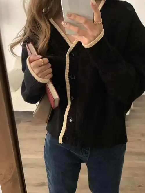 复古撞色黑色毛衣v领针织开衫薄外套女春季宽松温柔法式长袖上… - 17