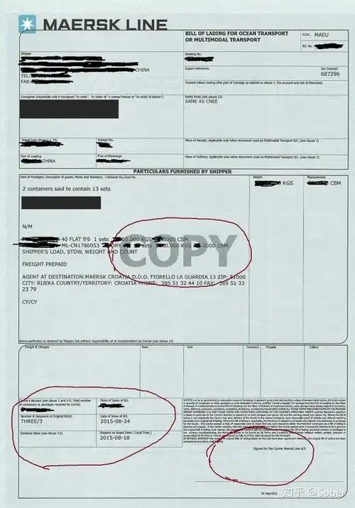 有背面条款;该文件仅作为工作上的参考之用,无任何法律效益;提单副本