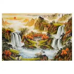 聚宝盆装饰画流水生财新款聚财山水瀑布祝福画客厅自粘墙贴画壁画