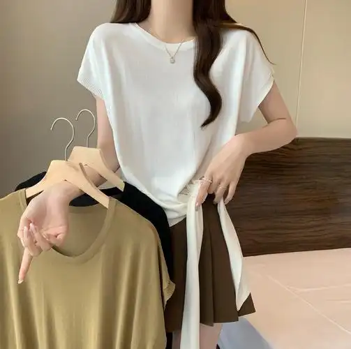 实拍~大码不规则下摆打结短袖t恤女夏季胖mm遮肚显瘦冰丝上衣 - 17网