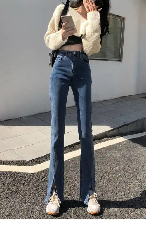 2021春季新款牛仔裤女高腰显瘦百搭开叉弹力拖地直筒微喇叭裤子潮美铂