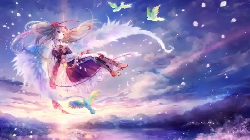天空小女孩羽毛鸟儿唯美梦幻动漫风景4k高清动漫壁纸2560x1440