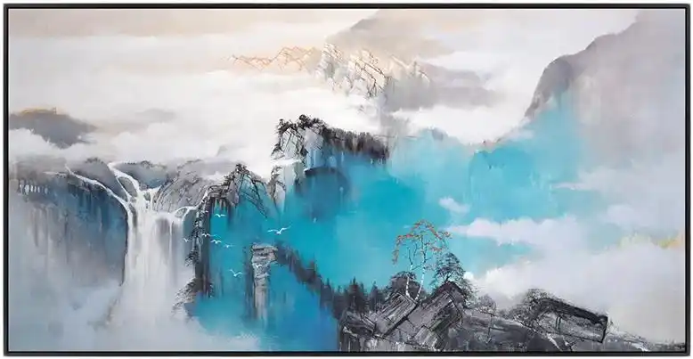 新中式手绘油画横幅客厅装饰画抽象风景挂画书房壁画卧室床头墙画