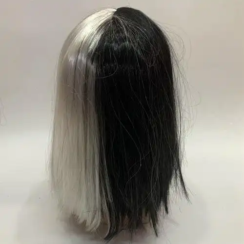 黑白中分压曲短假发 一半黑一半白双色外贸出口万圣节假发定做