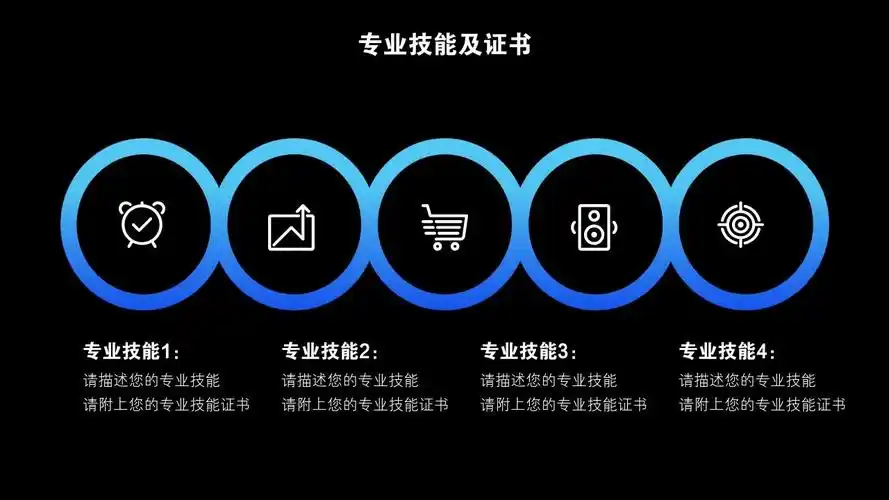 蓝黑渐变插画个人简历/自我介绍ppt模版-专业技能及证书