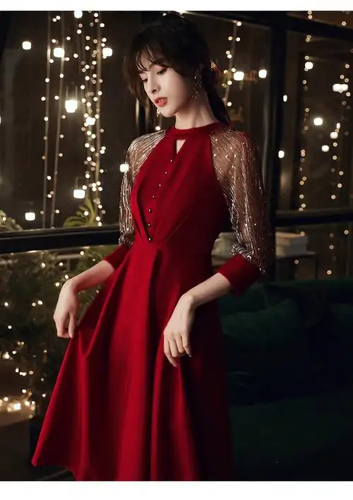 塔吉雅小礼服敬酒服平时可穿春秋款简约中长款拼接网纱宴会气质服新娘