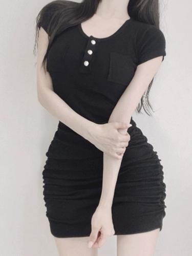 双口袋短袖连衣裙子高级感辣妹纯欲显胸包臀短裙女生夜店性感修身