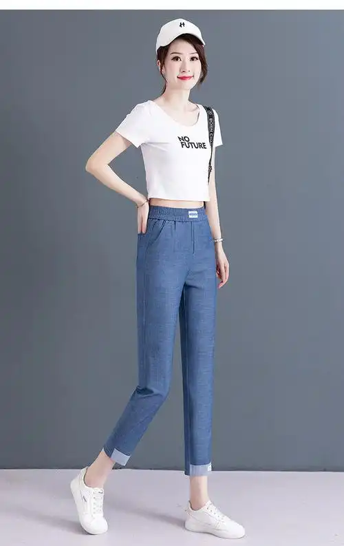 天丝牛仔裤女九分裤春夏2024年高腰宽松显瘦薄款冰丝裤子直筒裤女