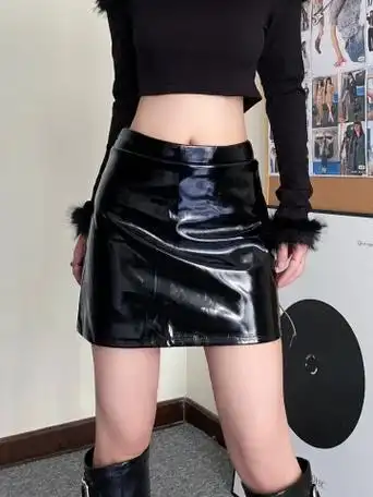 实拍 反光漆皮a字短裙半身裙 - 17网
