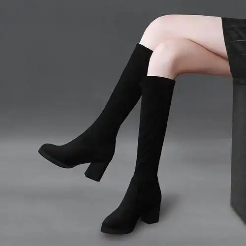 不过膝长靴女磨砂皮高跟靴秋冬季绒面不掉筒加绒中长筒妈妈高筒靴