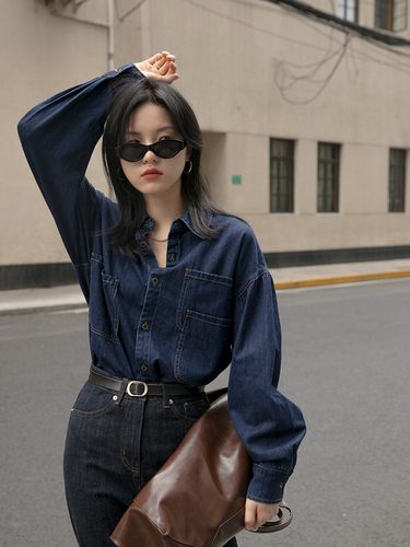 美式复古叠穿牛仔衬衫女内搭春秋季新款港味宽松百搭长袖衬衣外套