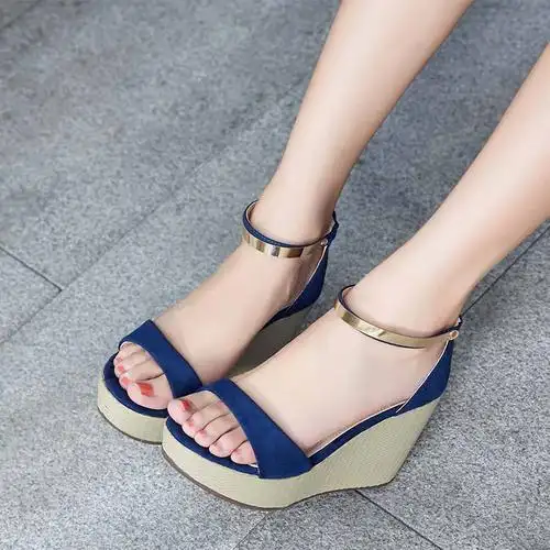 2016夏季新款韩版女士坡跟高跟女凉鞋一字带防水台厚底松糕跟女鞋-辣