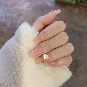 美甲贴片成品仙女裸粉贝壳小花日系假指甲中长款方头显白网红甲片