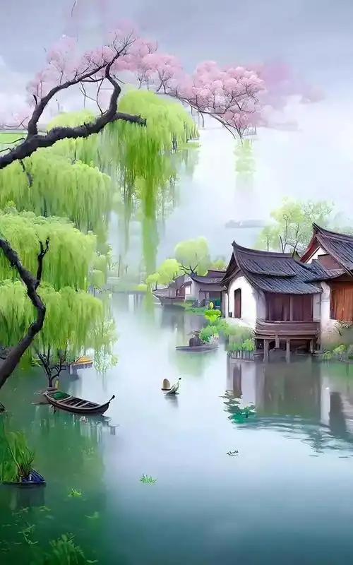 烟柳画桥,小舟绿水,流水潺潺……这是一幅春之画卷烟雨江南美如画
