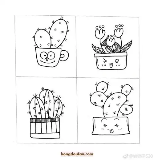55哥绿色盆栽仙人掌小植物卡通儿童简笔画大全 | 红豆饭小学生简笔画