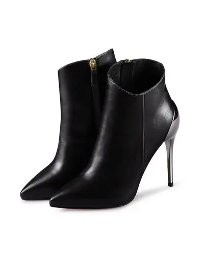 爱米高aimigao 黑色胎牛皮侧拉链细高跟尖头短靴