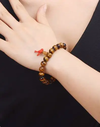 天然黄虎眼石圆珠手链 红绳佛头 8mm