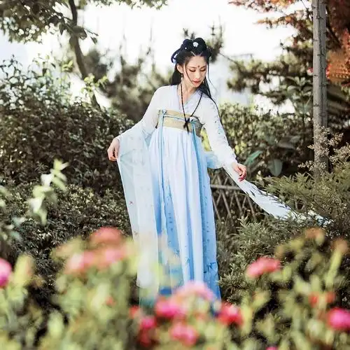 汉服古装 女新款 演出日常穿女齐胸襦裙带披帛套装 改良仙女裙仙气 -