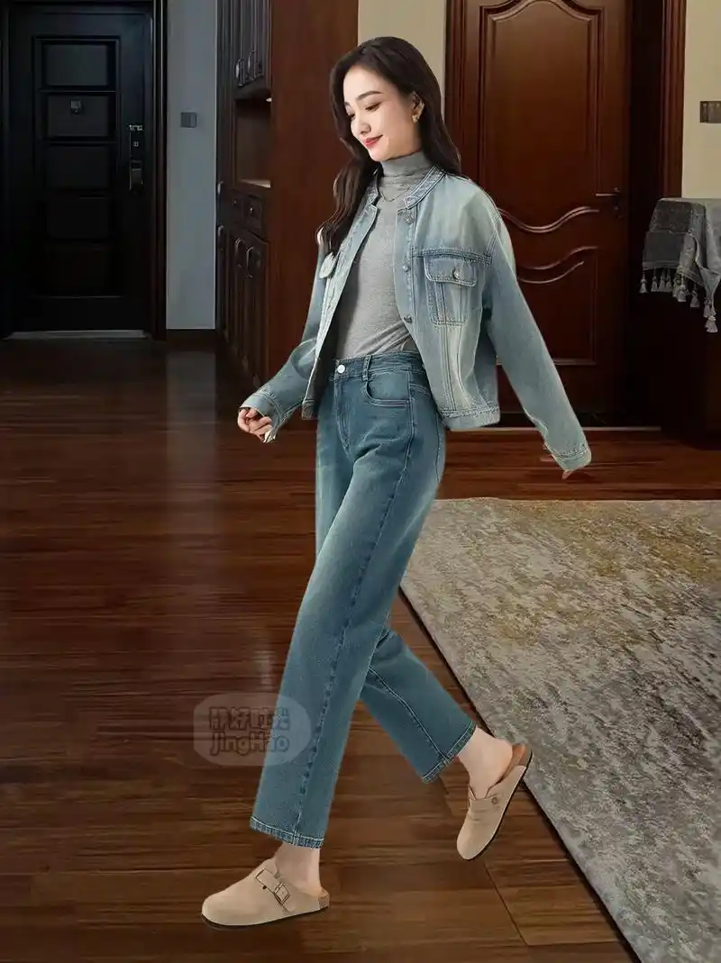 时尚九分直筒牛仔裤女9分裤窄版高腰法棍裤