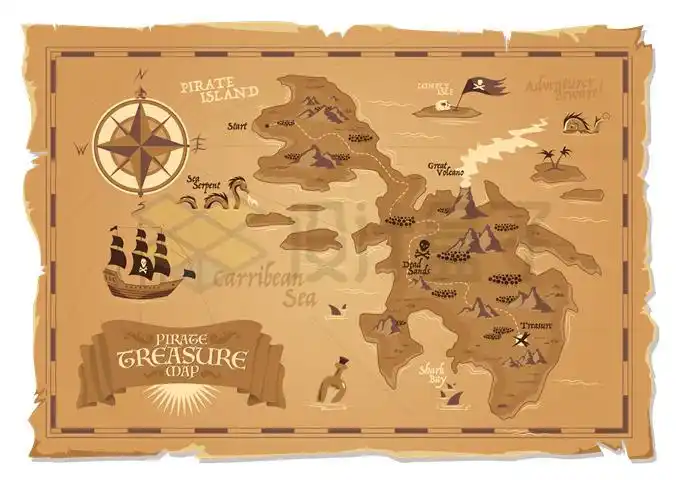 展开的复古卡通寻宝图藏宝图地图1904360矢量图片免抠素材