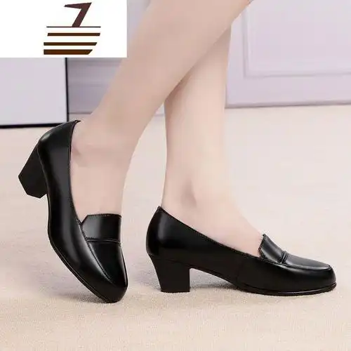 尗卡牛皮新款真皮女单鞋高跟中老年女士皮鞋妈妈鞋中跟大码女鞋