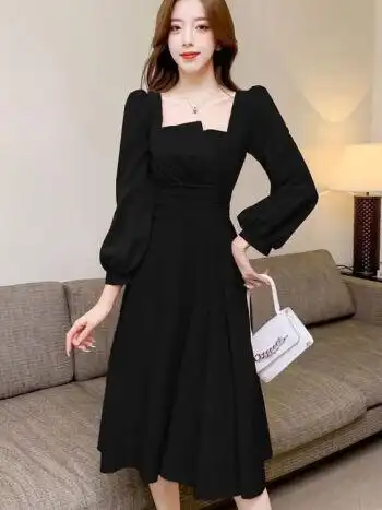 遮肚长袖礼服裙平时可穿白色小晚礼服2022秋冬季新款气2150黑色2xl