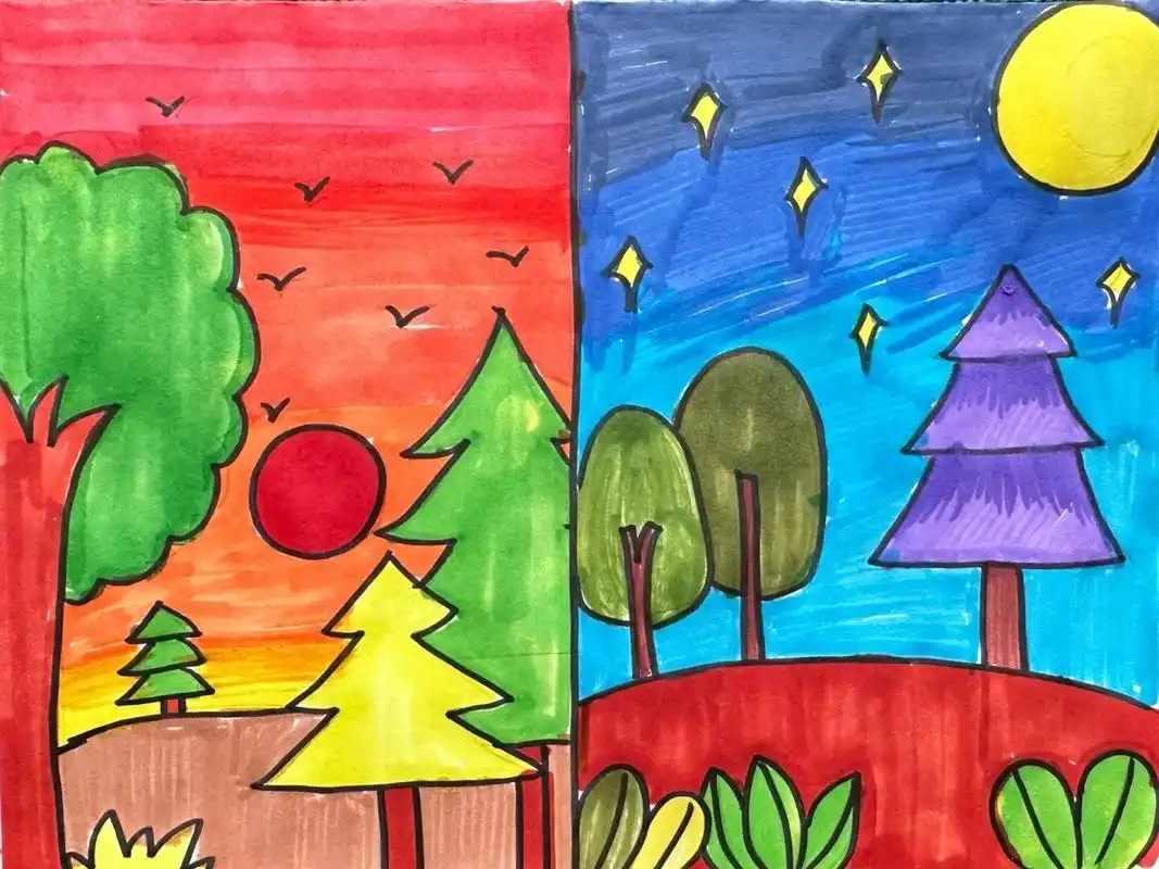 分格绘画儿童画 课件名称:《白天与晚上》 适合年龄:4-7岁 课件素材