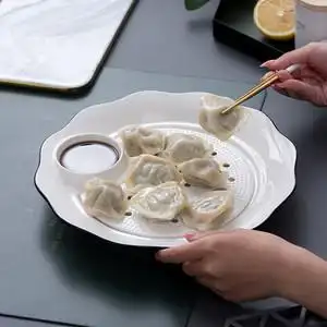 饺子盘家用带醋碟纯白双层沥水盘创意陶瓷圆形釉下彩大号水饺盘子