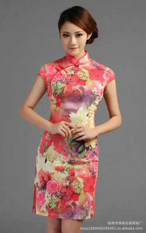 花色纯色短袖旗袍