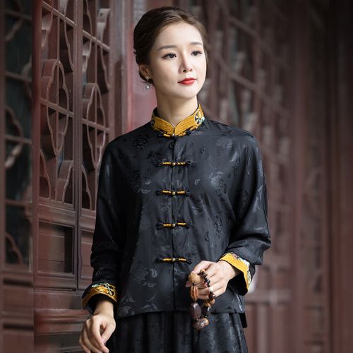 (今日9.9折)包邮中国风复古特色唐装 暗纹提花盘扣上衣 秋季小立领刺