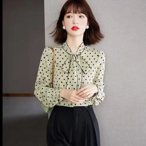 早秋装2021年新款时尚长袖波点雪纺衬衫女士飘带气质上衣小衫春秋