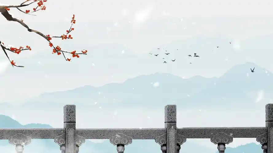 大寒中国风水墨古风朗诵蓝色冬季小雪建筑山水梅花视频背景