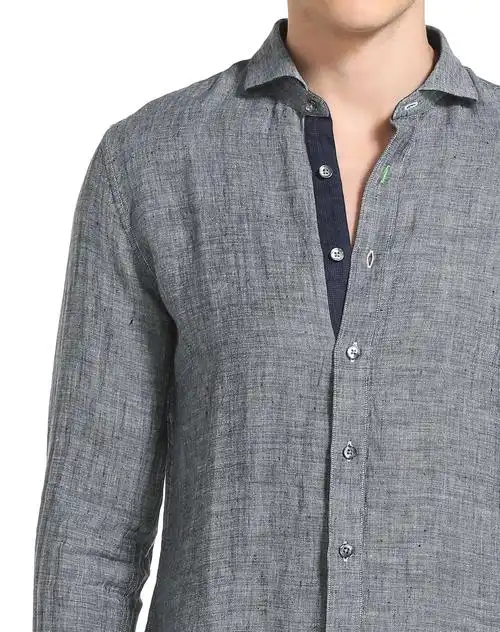 男灰色休闲亚麻衬衫