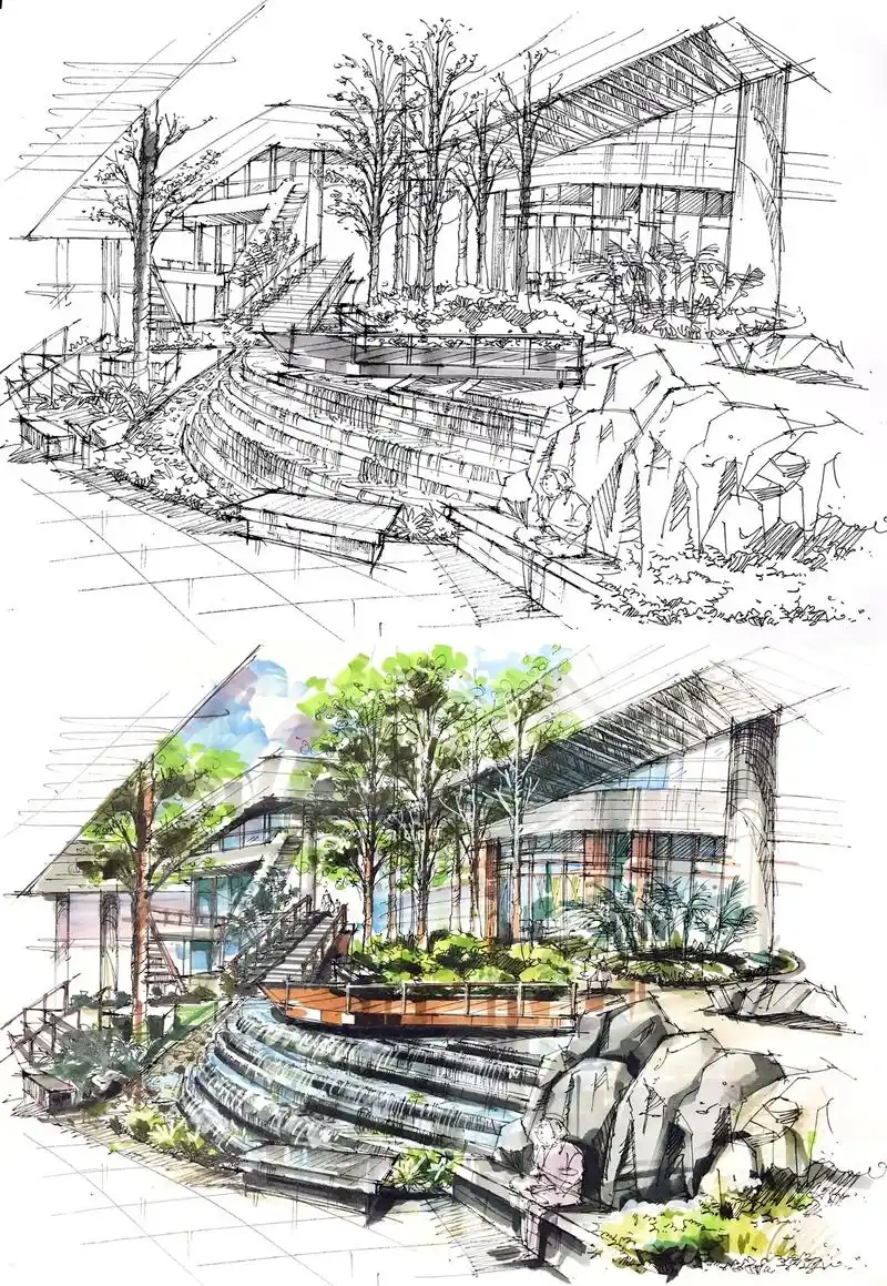 (景观设计)环艺商场中庭景观设计手绘步骤.#环境艺术#景观设 - 抖音