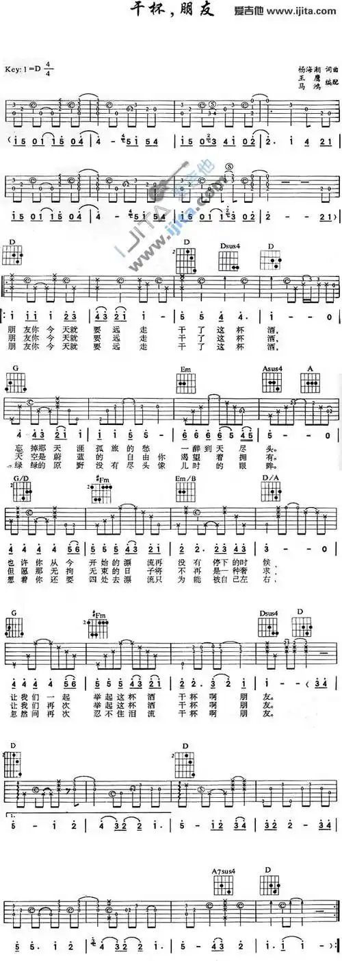 干杯朋友田震吉他谱田震吉他图片谱1张
