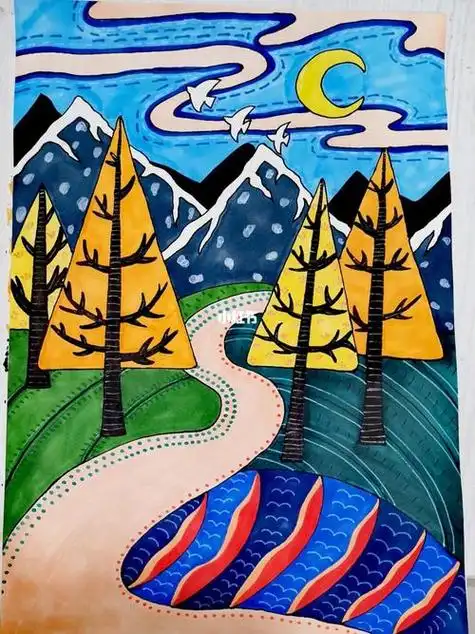 风景画黑白线描风景画黄昏街道创意美术儿童画风景画