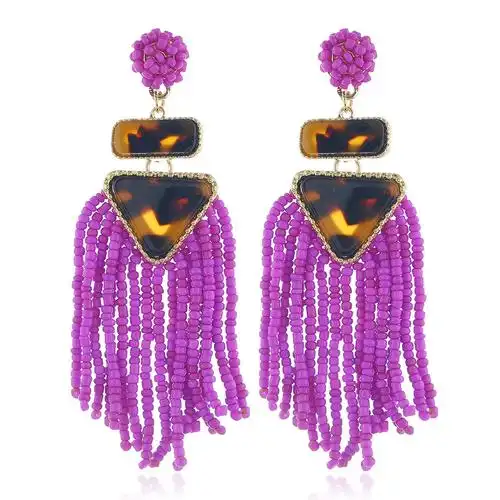 民族风耳饰新款欧美时尚流行手工米珠流苏耳环几何三角亚克力耳坠